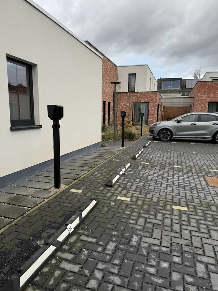 Meerdere Easee-laders op zwarte montagepalen op een residentiële parking, geplaatst door Laadnatie.